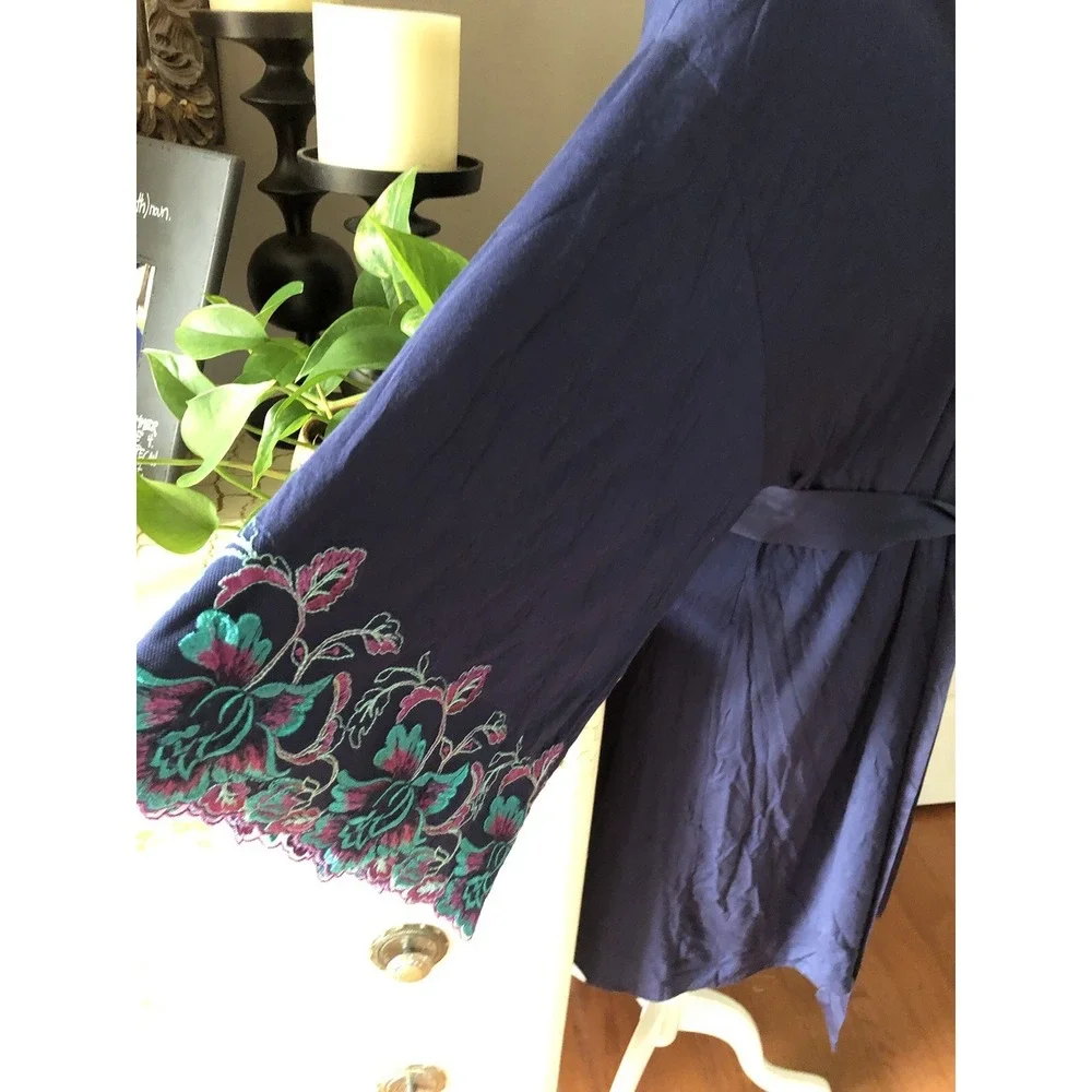 Soma Robe Womens S / M Cool Nights Navy Blue Embroidery Loungewear Comfy Cozy